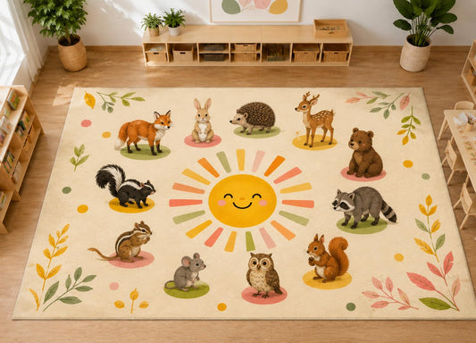 ICE ARMOR Large 6'7" x 9'10" Woodland Animals Sun Area Rug, Soft Low Pile Indoor Rug with Non-Slip Silicone Backing for Nursery, Kids Room, Ivory