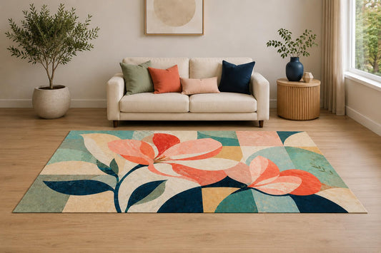 ICE ARMOR "Ultra Light Weight 5' x 7' Geometric Florals Area Rug for Living Room, Bedroom and Home Office, Soft Low Pile Carpet with Non-Slip Silicone Backing, Coral and Teal