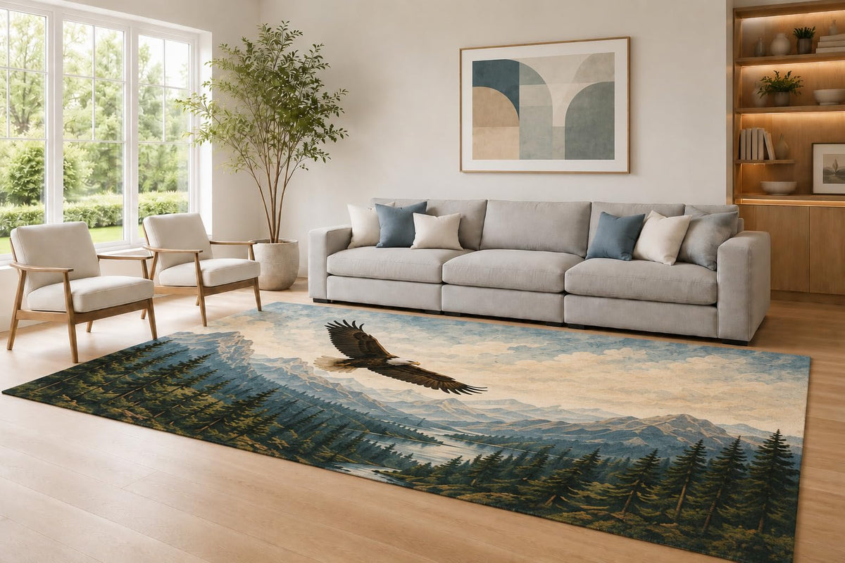 ICE ARMOR Large 6'7" x 9'10" Blue and Beige Mountain Flight Area Rug for Living Room, Soft Low Pile Carpet with Non-Slip Silicone Backing, Decor for Bedroom Dining Room and Home Office