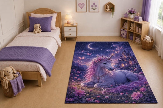ICE ARMOR "Ultra Light Weight 5' x 7' Unicorn Castle Night Area Rug for Living Room, Bedroom and Home Office, Soft Low Pile Carpet with Non-Slip Silicone Backing, Purple and Pink