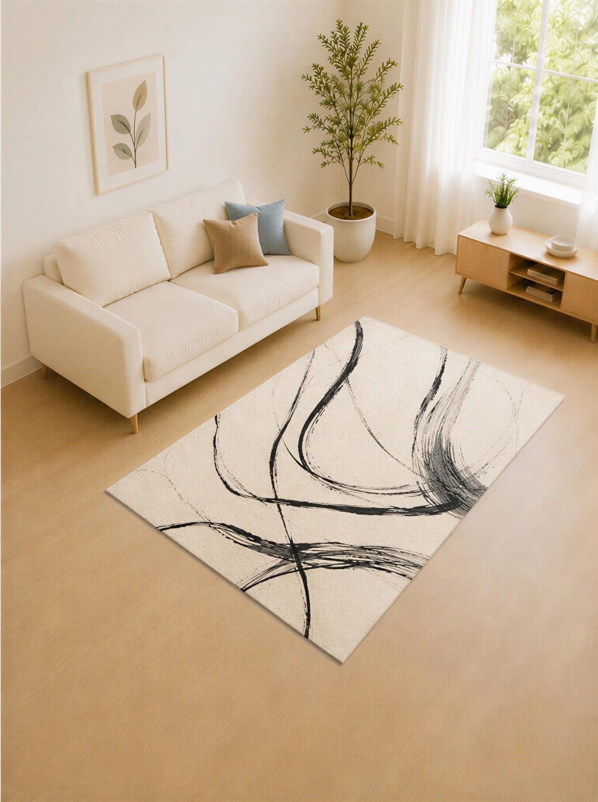 ICE ARMOR 5' x 7' Charcoal Gray and Ivory Curved Strokes Area Rug for Living Room, Soft Low Pile Carpet with Non-Slip Silicone Backing, Decor for Bedroom and Home Office