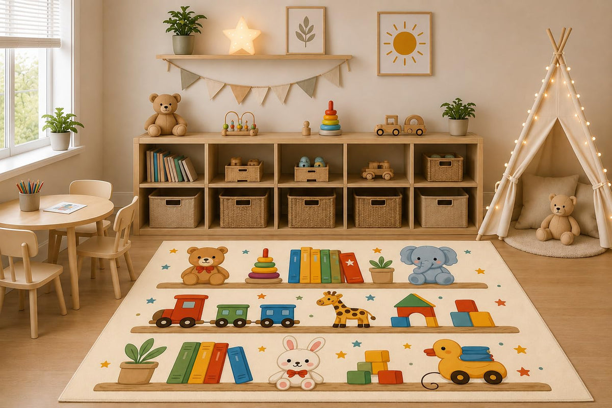 ICE ARMOR 5' x 7' Toy Shelf Animal Friends Area Rug for Kids Playroom Nursery Bedroom, Teddy Bear Elephant Bunny Train Cartoon Carpet, Non-Slip Silicone Backing Low Pile