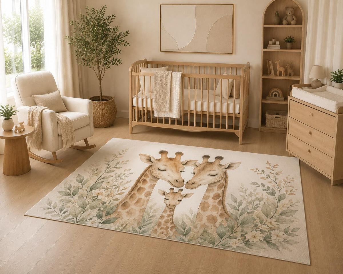 ICE ARMOR 5' x 7' Watercolor Giraffe Family Area Rug, Soft Low Pile Indoor Rug with Non-Slip Silicone Backing, Safari Nursery Animal Carpet for Baby Room, Kids Room, Playroom, Beige Green