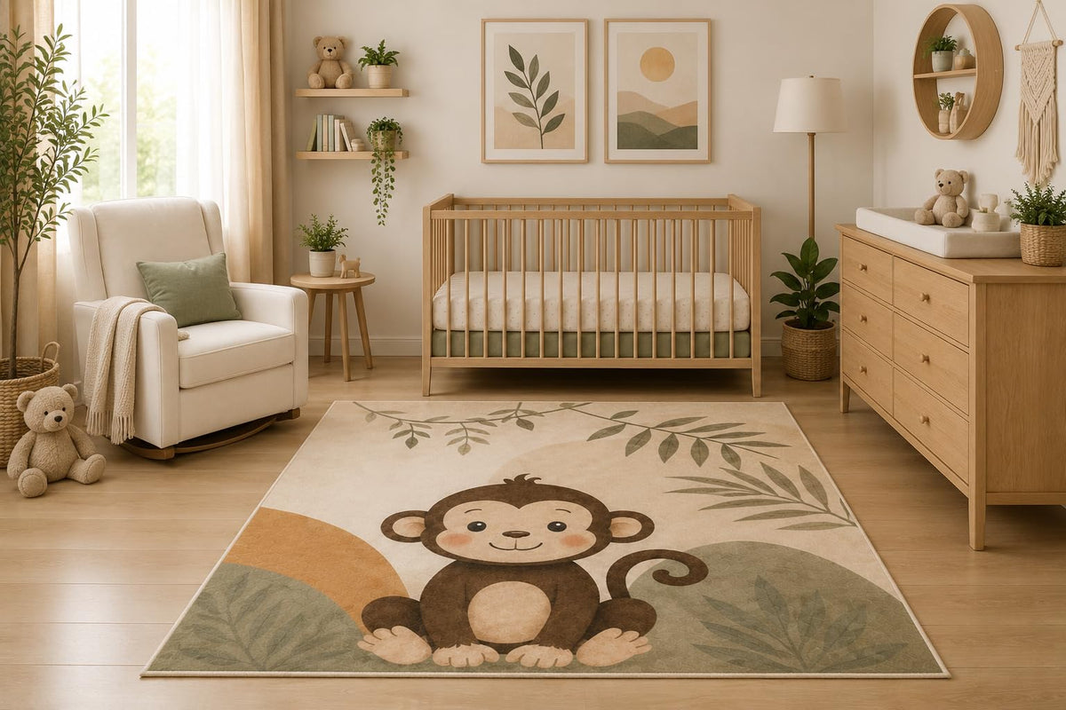 ICE ARMOR 5' x 7' Cute Monkey Area Rug, Jungle Animal Cartoon Nursery Kids Bedroom Playroom Decor, Non-Slip Silicone Backing Low Pile Indoor Carpet
