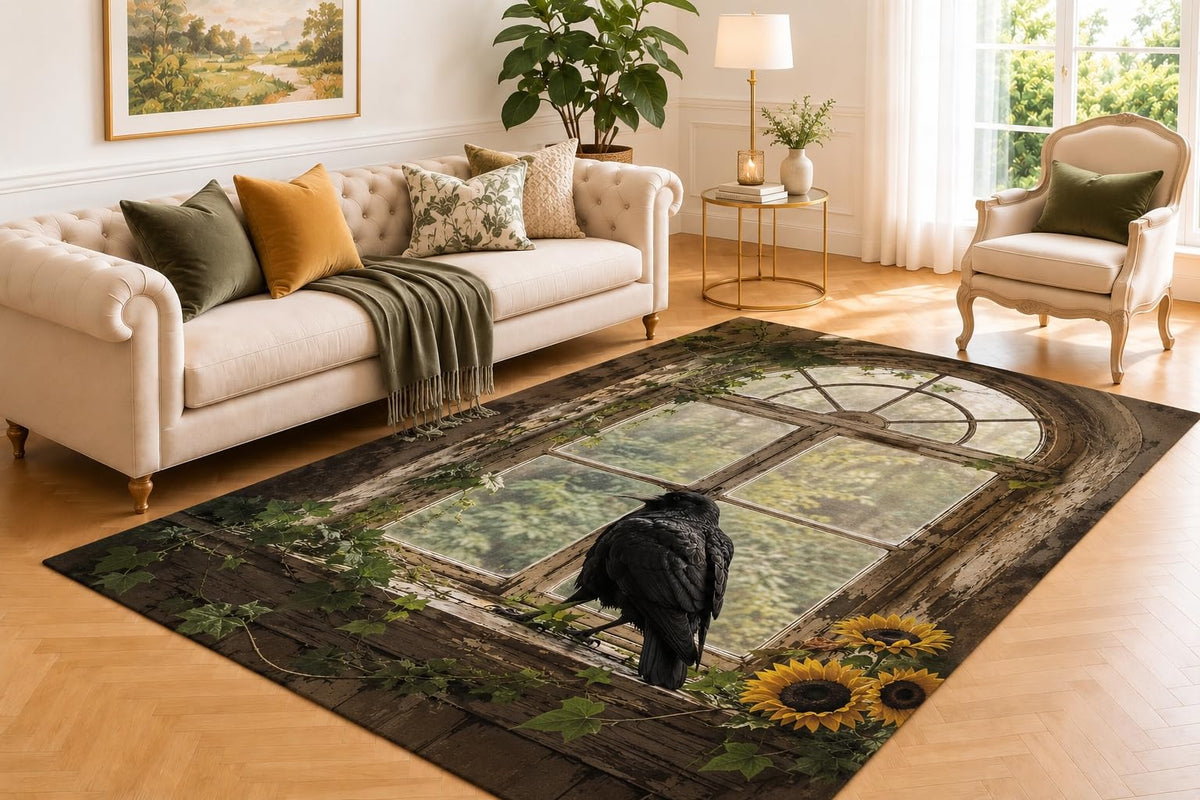 ICE ARMOR 5' x 7' Raven Window Rug, Purple Rose and Cathedral Arch Artwork, Smooth Printed Floor Cover for Bedroom, Lounge, Study and Victorian Home Decor