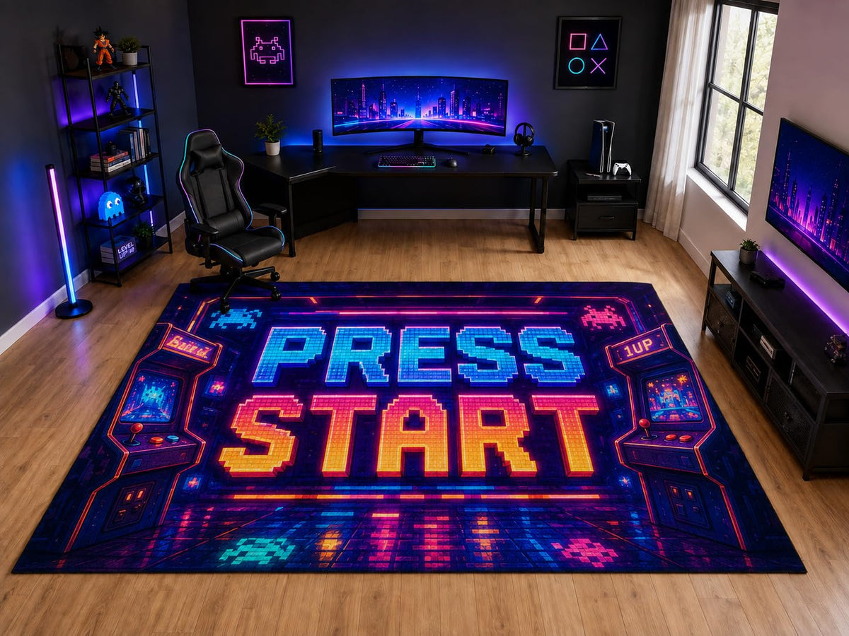 ICE ARMOR "Ultra Light Weight Large 6'7" x 9'10" Press Start Gamer Rug, Soft Low Pile Indoor Rug, Non-Slip Silicone Backing for Playroom Purple
