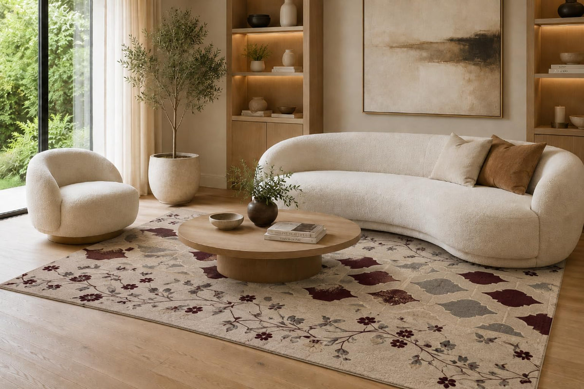 ICE ARMOR 6'7" x 9'10" Burgundy and Beige Floral Lattice Area Rug for Living Room, Soft Low Pile Carpet with Non-Slip Silicone Backing, Floor Decor for Bedroom, Dining Area and Home Office