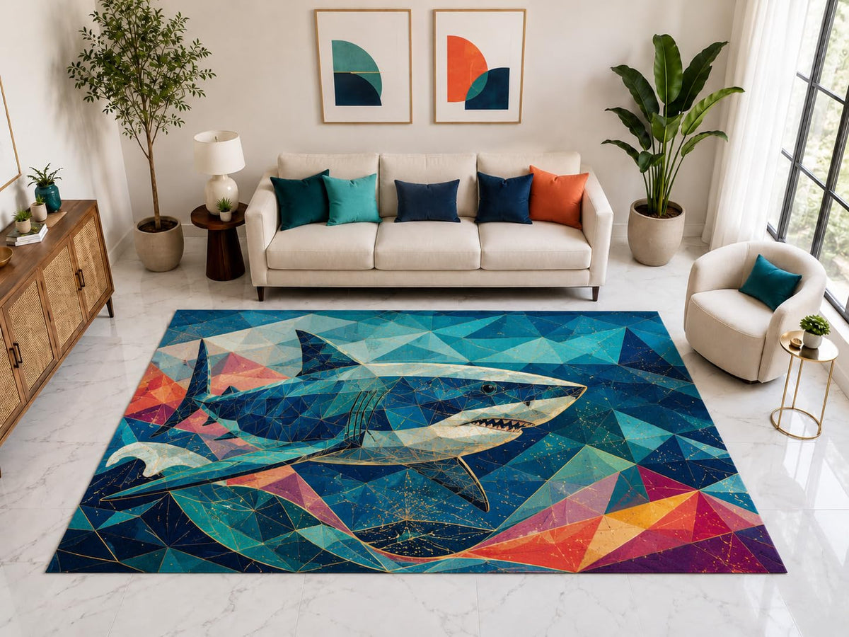 ICE ARMOR "Ultra Light Weight Large 6'7" x 9'10" Geometric Shark Rug, Soft Low Pile Indoor Rug, Non-Slip Silicone Backing for Living Room Blue