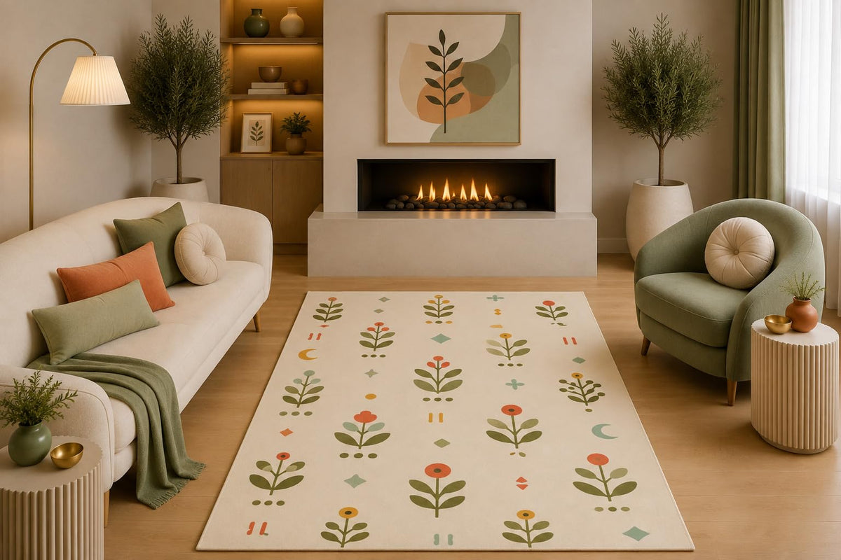 ICE ARMOR 5' x 7' Scandinavian Botanical Area Rug Green Orange Folk Floral Pattern Cream for Living Room Bedroom Dining Room Nursery Non-Slip Silicone Backing Low Pile