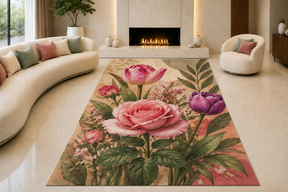 ICE ARMOR "Ultra Lightweight Large 6'7" x 9'10" Rose and Tulip Garden Area Rug for Living Room, Bedroom and Home Office, Soft Low Pile Carpet with Non-Slip Silicone Backing, Pink and Green