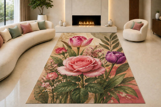 ICE ARMOR "Ultra Lightweight Large 6'7" x 9'10" Rose and Tulip Garden Area Rug for Living Room, Bedroom and Home Office, Soft Low Pile Carpet with Non-Slip Silicone Backing, Pink and Green