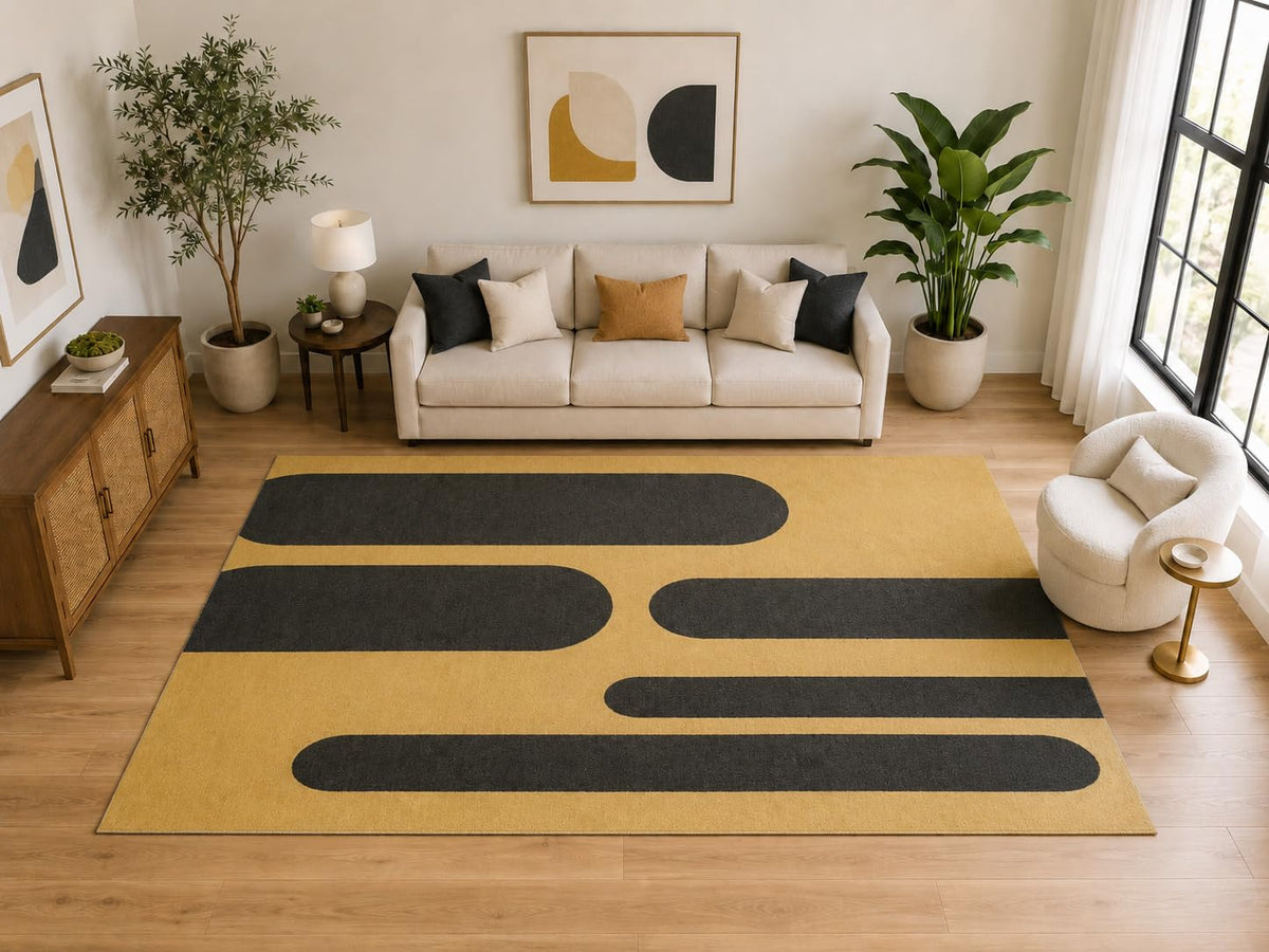 ICE ARMOR Large 6'7" x 9'10" Modern Rounded Stripe Area Rug for for Bedroom, Living Room, Soft Low Pile Indoor Rug with Non-Slip Silicone Backing, Mustard Charcoal