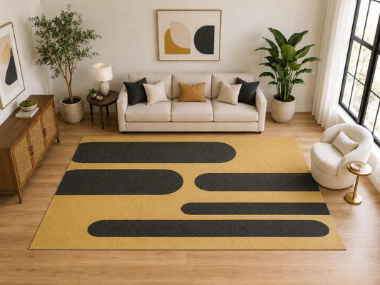 ICE ARMOR Large 6'7" x 9'10" Modern Rounded Stripe Area Rug for for Bedroom, Living Room, Soft Low Pile Indoor Rug with Non-Slip Silicone Backing, Mustard Charcoal