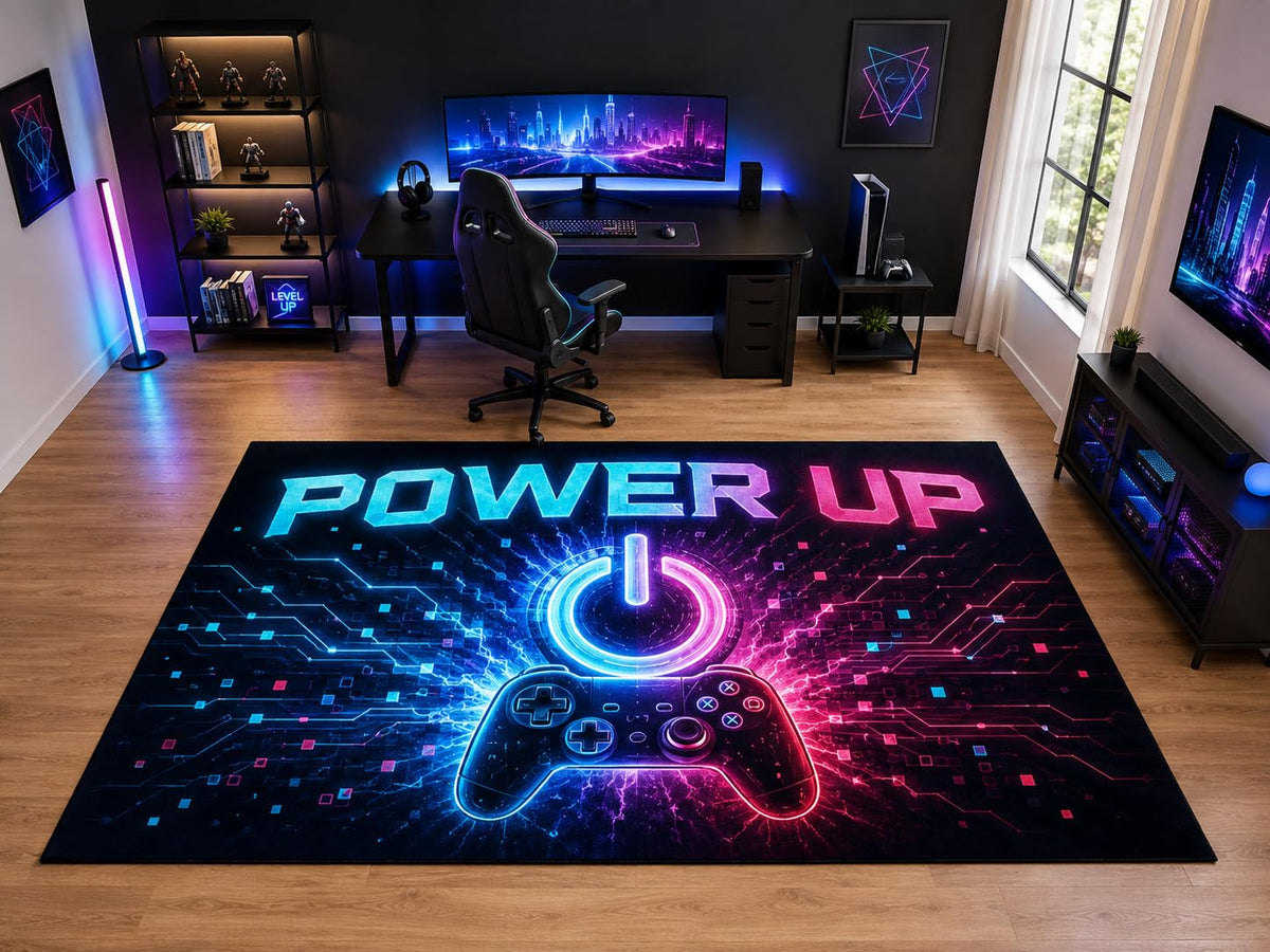 ICE ARMOR "Ultra Light Weight Large 6'7" x 9'10" Power Up Controller Area Rug for Kids Room Playroom, Soft Low Pile Indoor Rug and Non-Slip Silicone Backing, Black