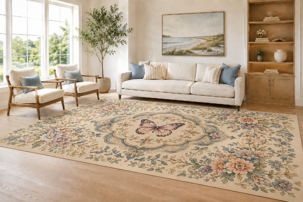 ICE ARMOR Large 6'7" x 9'10" Cream and Blue Floral Medallion Area Rug for Living Room, Soft Low Pile Carpet with Non-Slip Silicone Backing, Decor for Bedroom and Home Office