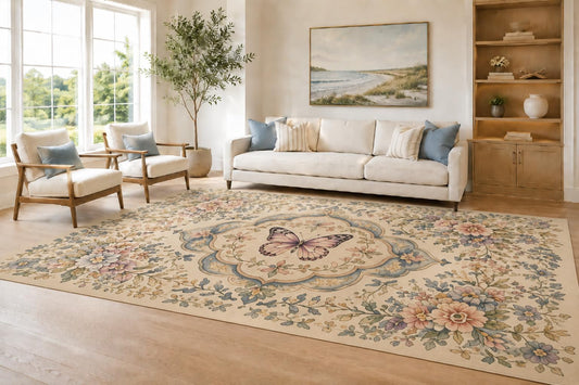 ICE ARMOR Large 6'7" x 9'10" Cream and Blue Floral Medallion Area Rug for Living Room, Soft Low Pile Carpet with Non-Slip Silicone Backing, Decor for Bedroom and Home Office