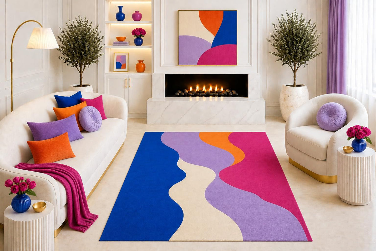 ICE ARMOR "Ultra Light Weight 5' x 7' Blue Pink Purple Abstract Area Rug, Modern Wavy Color Block Design for Living Room Bedroom Dining Room Office, Non-Slip Silicone Backing Low Pile
