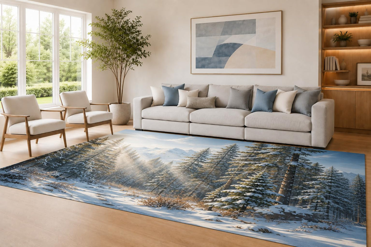 ICE ARMOR Large 6'7" x 9'10" Blue and White Snowy Forest Area Rug for Living Room, Soft Low Pile Carpet with Non-Slip Silicone Backing, Decor for Bedroom Dining Room and Home Office