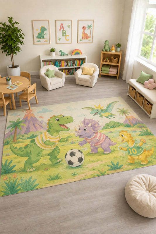 ICE ARMOR "Ultra Light Weight Large 6'7" x 9'10" Dinosaur Soccer Rug, Soft Low Pile Indoor Rug, Non-Slip Silicone Backing Nursery Kids Playroom Green