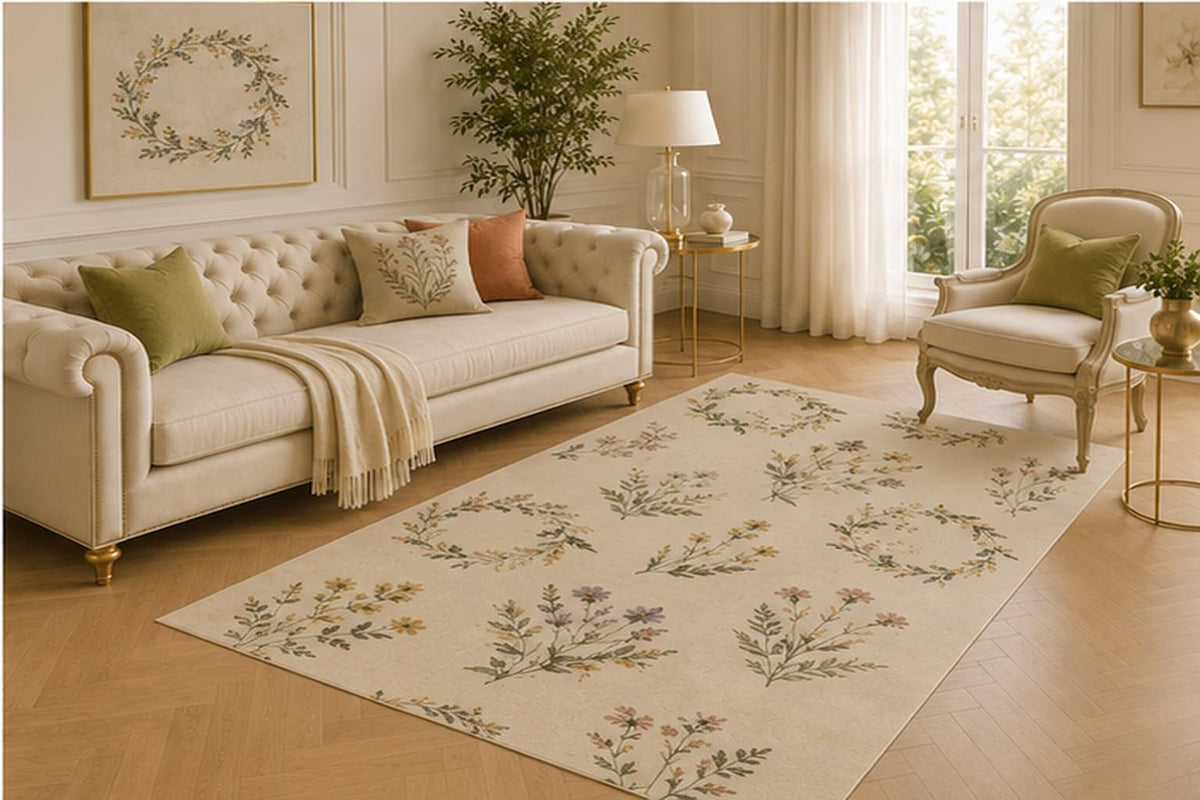 ICE ARMOR 5' x 7' Delicate Floral Wreath Area Rug for Living Room, Soft Low Pile Indoor Carpet with Non-Slip Backing for Bedroom, Dining Room, Office, Neutral