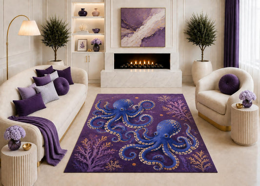 ICE ARMOR "Ultra Light Weight 5' x 7' Blue Octopus Pair Area Rug, Purple Underwater Coastal Sea Life Art for Living Room Bedroom Beach House Decor, Non-Slip Silicone Backing Low Pile