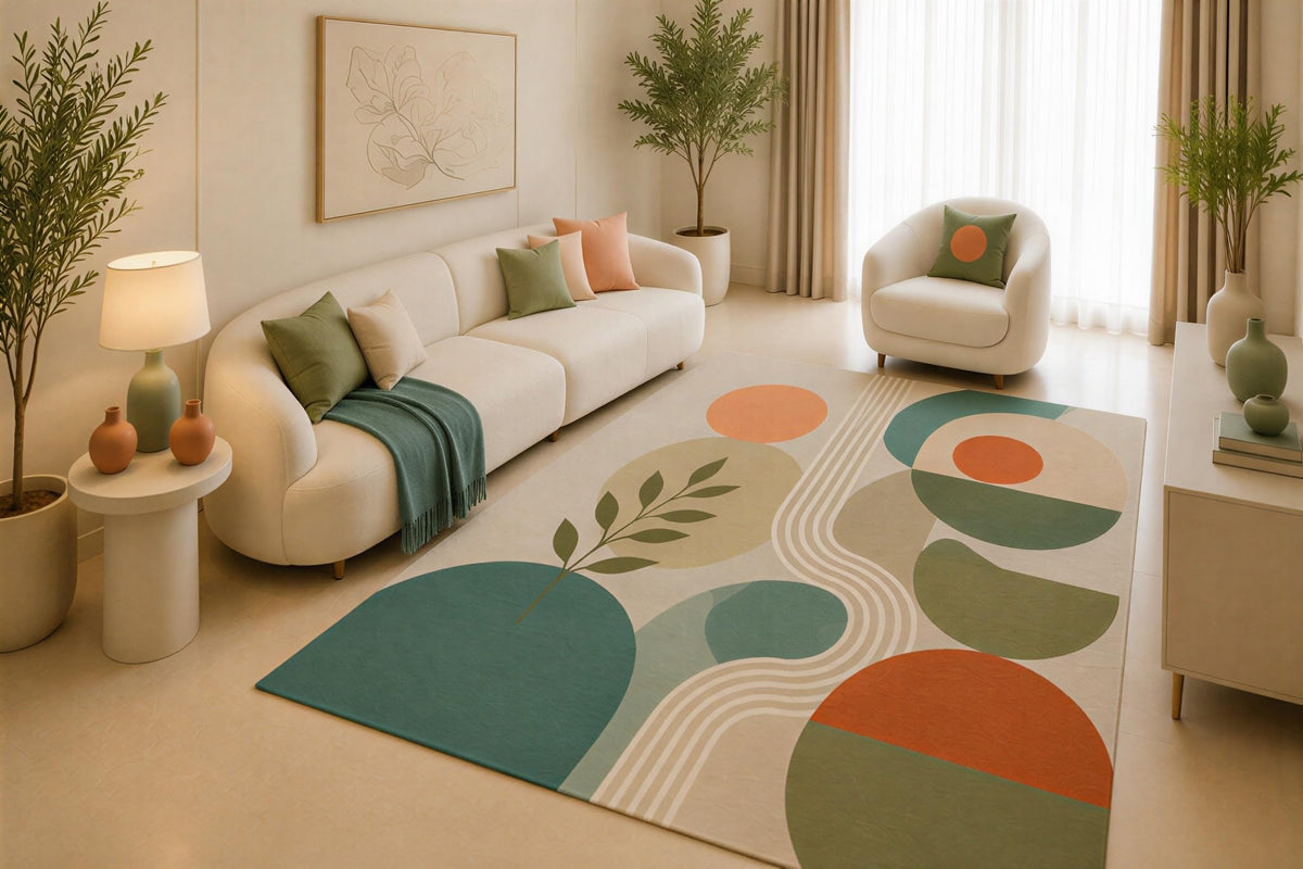 ICE ARMOR 5' x 7' Abstract Botanical Area Rug, Teal Terracotta Geometric Leaf Pattern for Living Room Bedroom Office, Non-Slip Silicone Backing, Low Pile Carpet