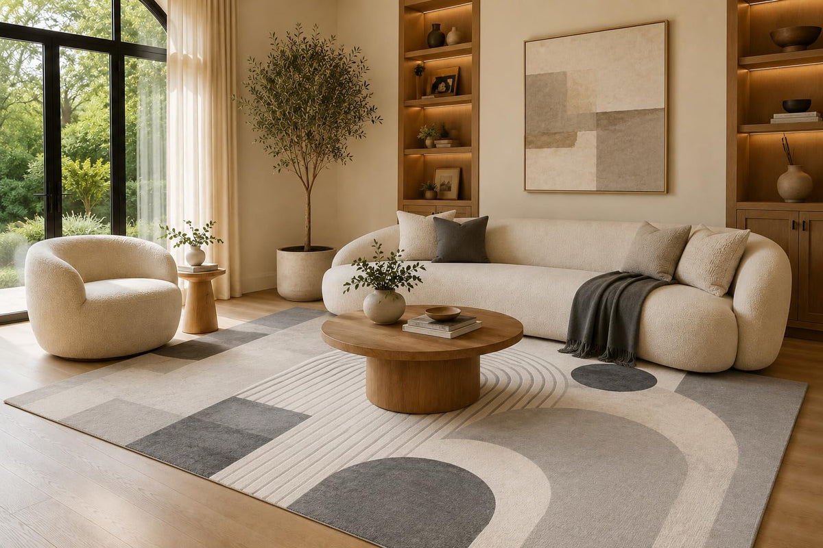 ICE ARMOR 6'7" x 9'10" Gray and Cream Curved Line Shapes Area Rug for Living Room, Soft Low Pile Carpet with Non-Slip Silicone Backing, Floor Decor for Bedroom, Dining Area and Home Office