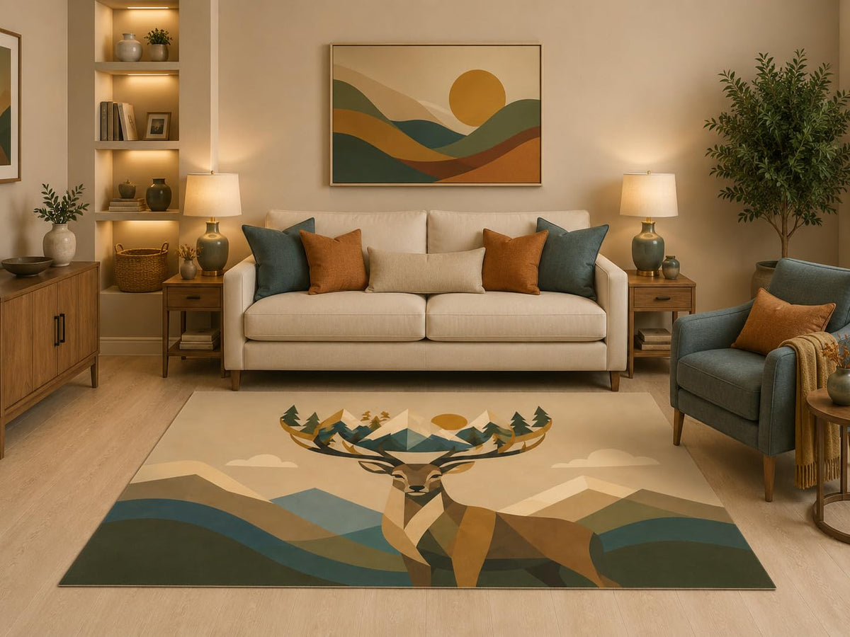 ICE ARMOR 5' x 7' Geometric Deer Mountain Area Rug Scandinavian Wildlife Forest Landscape for Living Room Bedroom Cabin Rustic Decor Non-Slip Silicone Backing Low Pile