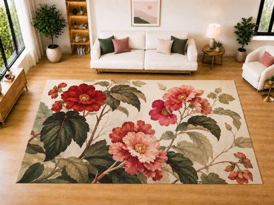 ICE ARMOR "Ultra Light Weight Large 6'7" x 9'10" Begonia Flower Area Rug for Living Room Bedroom Dining Room, Soft Low Pile Non-Slip Backing, Coral Red Green Cream Vintage Floral Decor