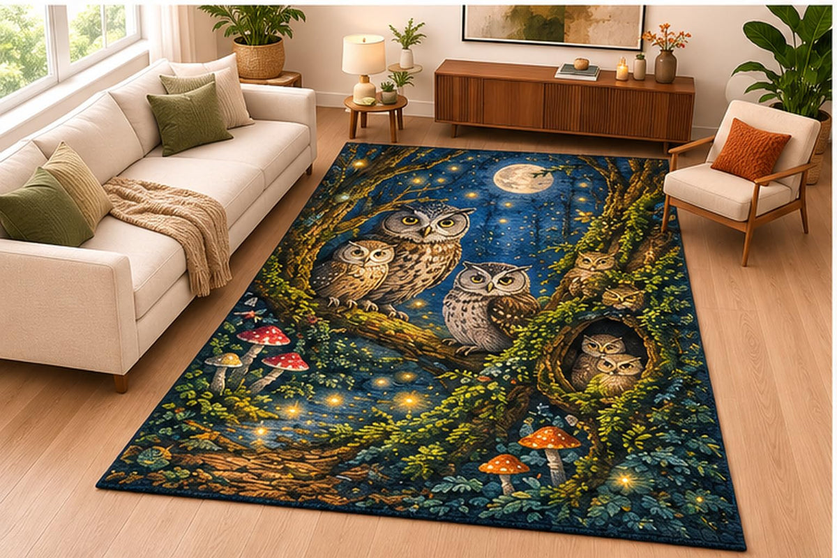 ICE ARMOR 5' x 7' Magical Owl Forest Night Area Rug Soft Low Pile Indoor Rug with Non Slip Silicone Backing Woodland Animal Decor Carpet for Bedroom Nursery Kids Room Playroom Blue