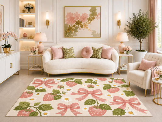 ICE ARMOR "Ultra Light Weight 5' x 7' Strawberry Bow Floral Area Rug, Cute Cottagecore Botanical Fruit Rug for Living Room Bedroom Nursery, Non-Slip Silicone Backing Low Pile