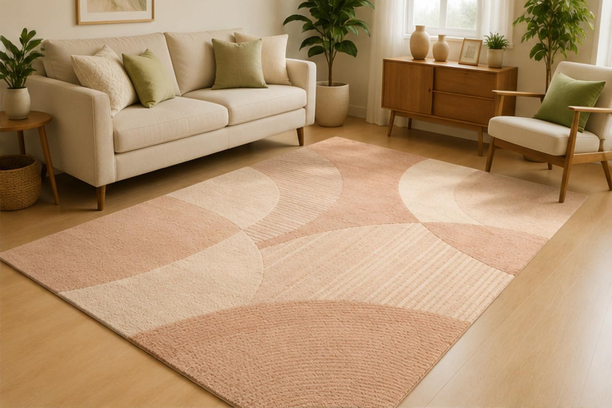 ICE ARMOR 5' x 7' Blush Geometric Abstract Area Rug for Living Room, Soft Low Pile Indoor Rug with Non-Slip Silicone Backing, Modern Carpet for Bedroom, Office, Family Room, Blush Pink Beige