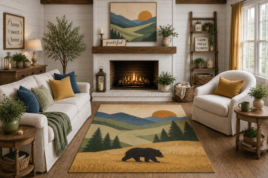 ICE ARMOR "Ultra Light Weight 5' x 7' Black Bear Mountain Landscape Area Rug, Rustic Woodland Forest Design for Living Room Cabin Bedroom, Non-Slip Silicone Backing Low Pile