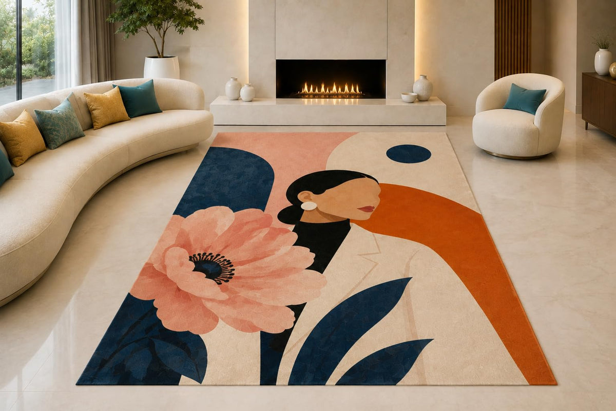 ICE ARMOR "Ultra Lightweight Large 6'7" x 9'10" Floral Woman Profile Area Rug for Living Room, Bedroom and Home Office, Soft Low Pile Carpet with Non-Slip Silicone Backing, Navy and Orange