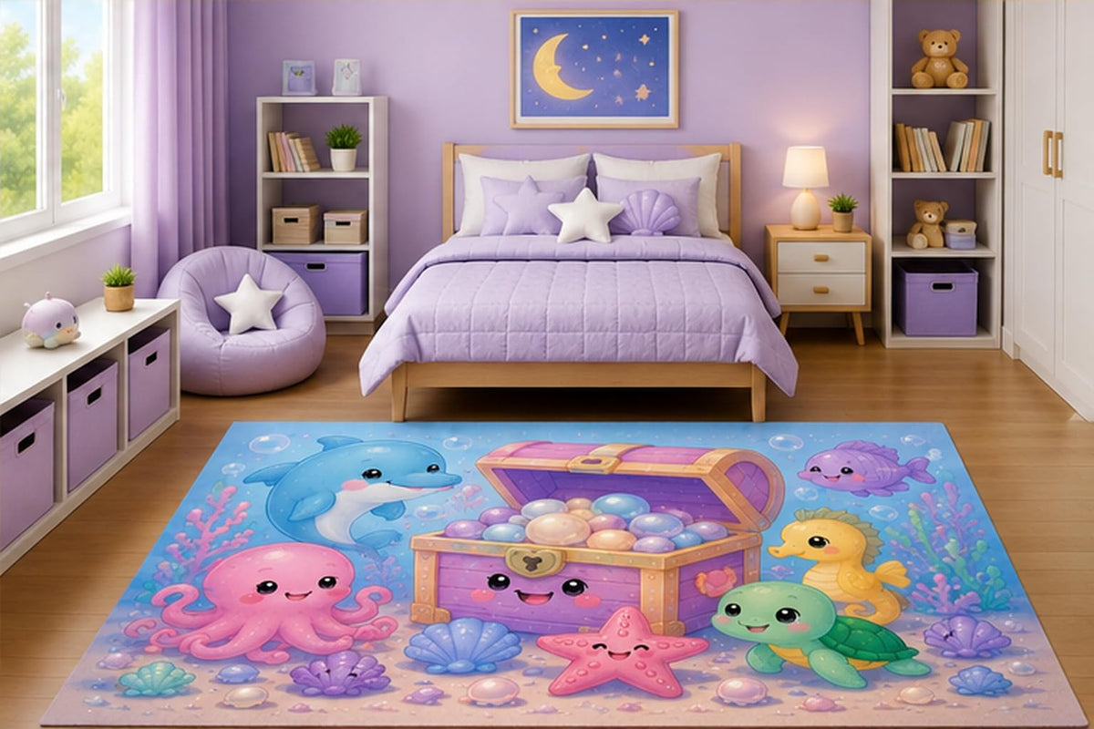 ICE ARMOR 5' x 7' Cute Ocean Treasure Chest Sea Animals Area Rug for Kids Bedroom Nursery Playroom Scandinavian Minimalist Coastal Decor Non-Slip Silicone Backing Low Pile