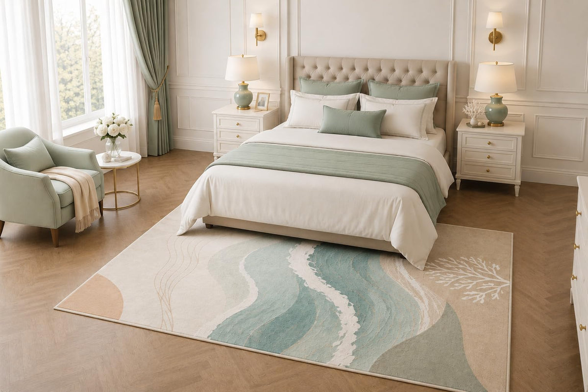 ICE ARMOR 5' x 7' Abstract Coastal Ocean Wave Area Rug, Modern Beach Seascape Living Room Bedroom Decor, Non-Slip Silicone Backing Low Pile Carpet