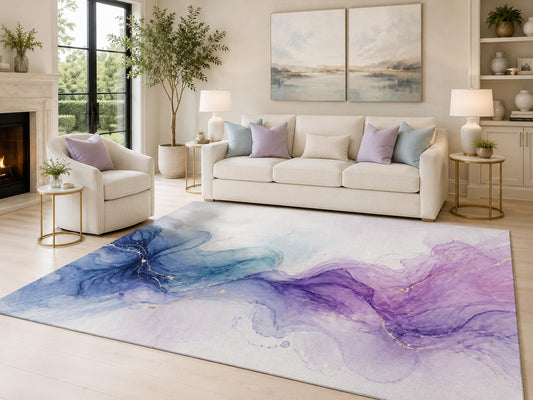 ICE Armor 6'7" x 9'10" Blue Purple Fluid Waves Area Rug for Living Room, Soft Low Pile Carpet with Non-Slip Silicone Backing, for Bedroom, Dining Area and Office, Multicolored, Ideal for Large Spaces