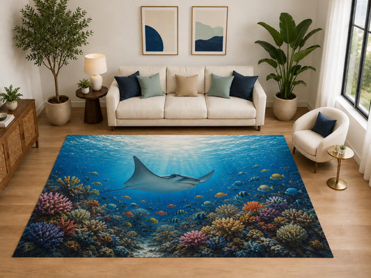 ICE ARMOR "Ultra Light Weight Large 6'7" x 9'10" Stingray Reef for Living Room, Soft Low Pile Indoor Rug and Non-Slip Silicone Backing, Ocean Blue