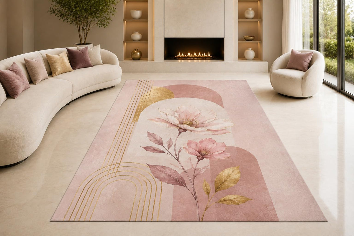 ICE ARMOR "Ultra Lightweight Large 6'7" x 9'10" Blush Magnolia Arches Area Rug for Living Room, Bedroom and Home Office, Soft Low Pile Carpet with Non-Slip Silicone Backing, Pink and Beige