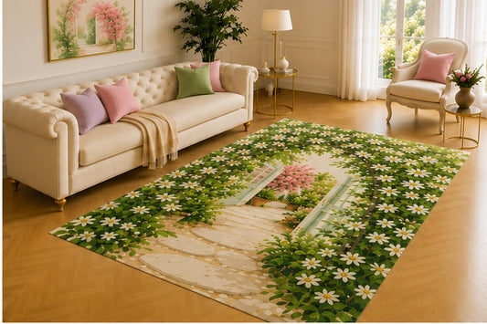 ICE ARMOR 5' x 7' Daisy Arbor Rug, White Flowers Covering a Leafy Archway and Stone Garden Path, Peaceful Home Accent for Porch, Corridor or Breakfast Nook