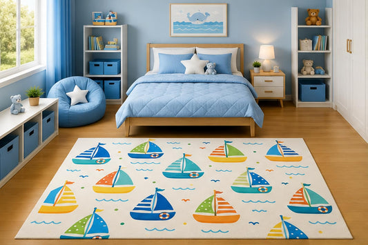 ICE ARMOR 5' x 7' Colorful Sailboat Pattern Area Rug for Kids Bedroom Nursery Playroom Scandinavian Minimalist Nautical Ocean Coastal Decor Non-Slip Silicone Backing Low Pile