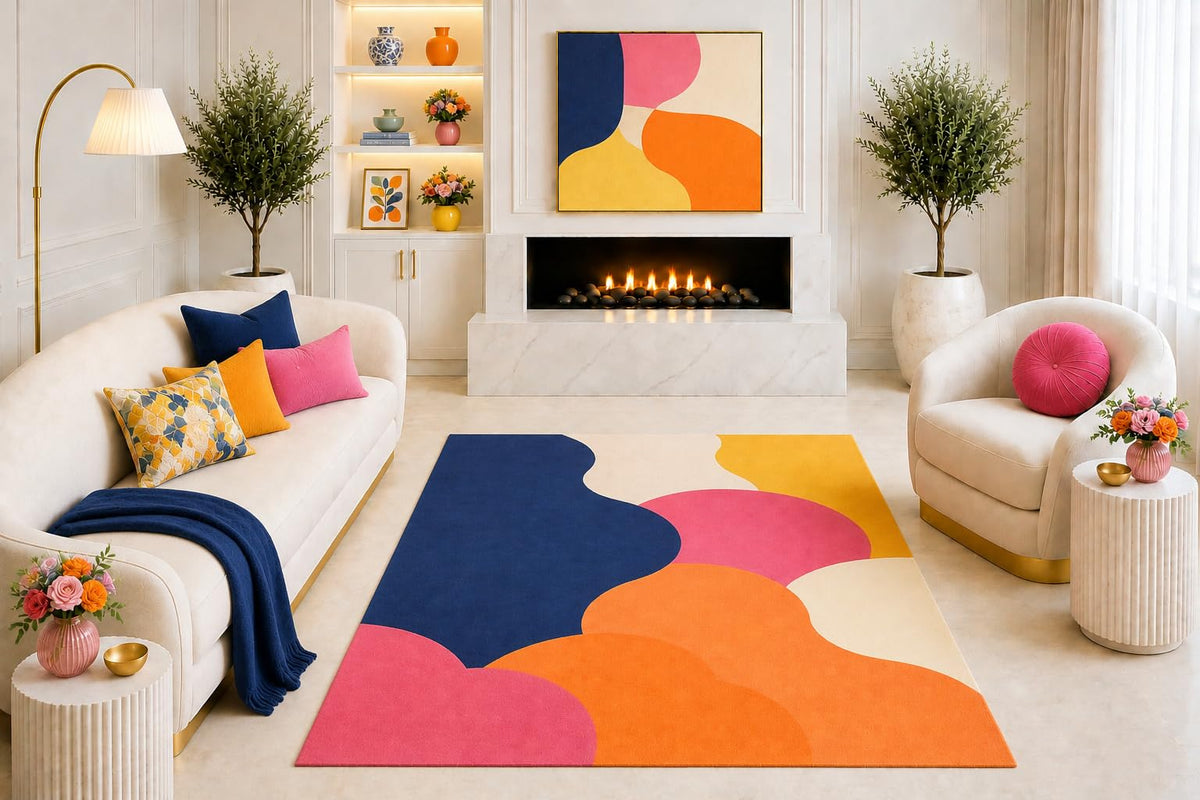 ICE ARMOR "Ultra Light Weight 5' x 7' Navy Pink Orange Abstract Geometric Area Rug, Modern Color Block Design for Living Room Bedroom, Non-Slip Silicone Backing Low Pile