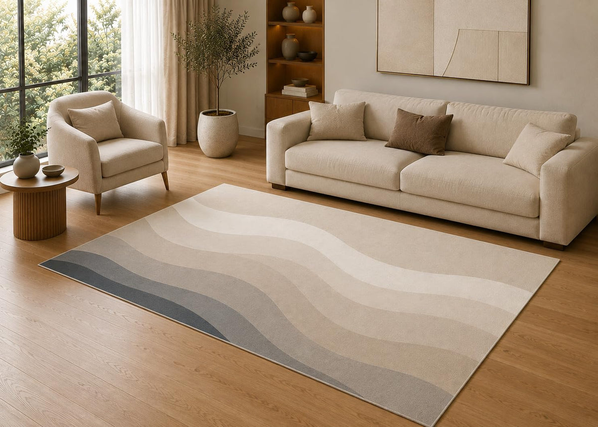 ICE ARMOR 5' x 7' Modern Wavy Stripe Area Rug for Living Room, Soft Low Pile Indoor Rug with Non-Slip Silicone Backing, Decorative Carpet for Bedroom, Office, Family Room, Beige