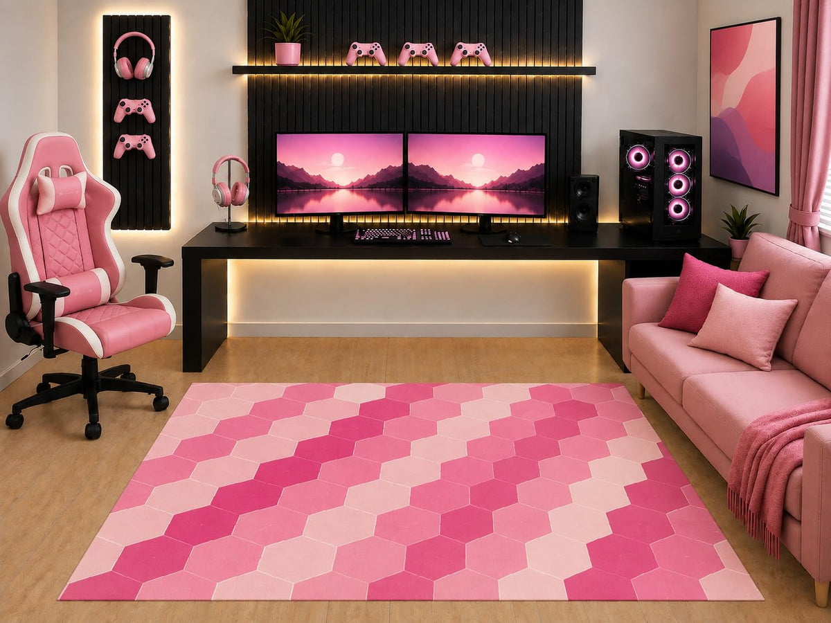 ICE ARMOR "Ultra Light Weight 5' x 7' Pink Hexagon Area Rug Modern Geometric Honeycomb Pattern for Girls Teen Bedroom Gaming Room Playroom Non-Slip Silicone Backing Low Pile