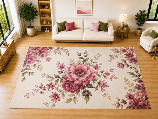 ICE ARMOR "Ultra Light Weight Large 6'7" x 9'10" Peony Branch Area Rug for Living Room Bedroom Dining Room, Soft Low Pile Non-Slip Backing, Pink Burgundy Cream Green Vintage Floral Decor