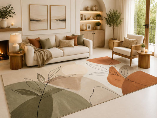 ICE Armor 6'7" x 9'10" Minimal Botanical Shapes Area Rug for Living Room, Soft Low Pile Carpet with Non-Slip Silicone Backing, for Bedroom, Dining Area and Office, Multicolored, Refined Home Styling