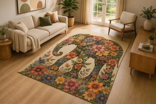 ICE ARMOR 5' x 7' Floral Elephant Silhouette Area Rug for Living Room, Soft Low Pile Indoor Rug with Non-Slip Silicone Backing, Botanical Wildlife Decor for Bedroom, Family Room, Kids & Pets, Cream