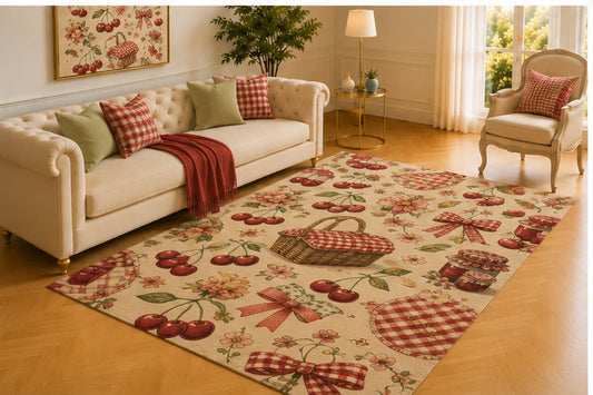 ICE ARMOR 5' x 7' Cherry Picnic Rug, Gingham Bows, Baskets, Jam Jars and Red Fruit Motifs, Charming Floor Decor for Kitchen, Dining Room or Cottage Space