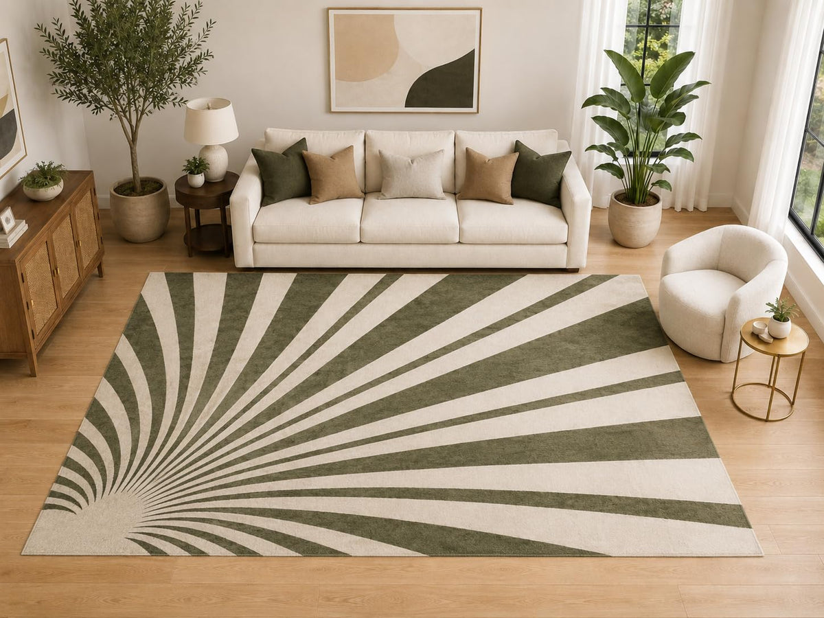 ICE ARMOR Large 6'7" x 9'10" Retro Sunburst Area Rug for for Bedroom, Living Room, Soft Low Pile Indoor Rug with Non-Slip Silicone Backing, Olive Ivory