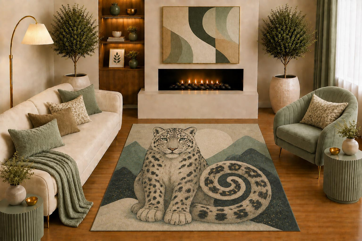 ICE ARMOR "Ultra Light Weight 5' x 7' Snow Leopard Area Rug Whimsical Mountain Wildlife Art in Sage Beige Gray for Living Room Bedroom Nursery Office Non-Slip Silicone Backing Low Pile